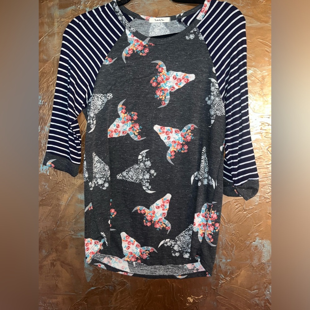 3/4 Sleeve Shirt. Cow skull floral and Aztec print